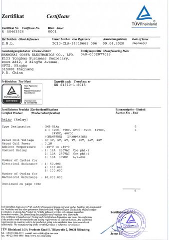 TUV CERTIFICATE OF ELECTRONIC COMPONENT certificate of Shanghai Gosta Electronics Co., Ltd. – certificate photo, supplier certificates section