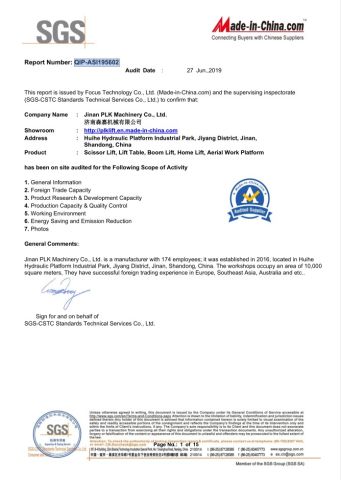 SGS certificate from Jinan PLK Machinery Co., Ltd.