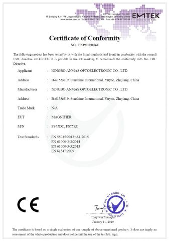 CE certificate from Ningbo Anmas Optoelectronic Co., Ltd.