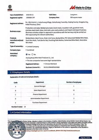 Audit report certificate from Anping County Nuoxi Wire Mesh Products Co., Ltd.