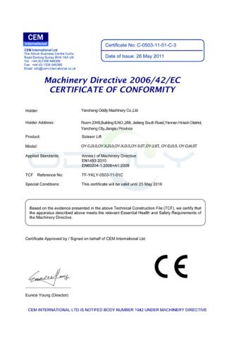 scissor lift certificate of Yancheng Oddly Machinery Co., Ltd. – certificate photo, supplier certificates section
