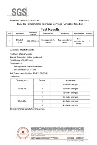 ISO 175:2010 Acid and alkali corrosion resistance certificate from JINHUA KANGYUAN MEDICAL DEVICE CO., LTD
