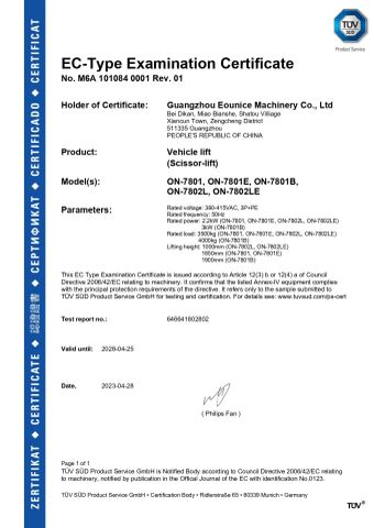 SCISSOR LIFT certificate of Guangzhou EOunice Machinery Co., Ltd. – certificate photo, supplier certificates section