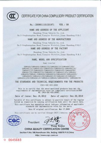 CERTIFICATE for CHINA certificate from Shandong Titan Vehicle Co., Ltd.