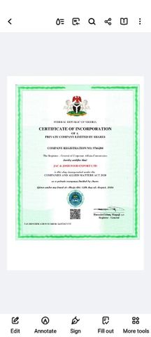 CAC certificate from Jac & Josh food export Ltd