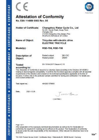 Certificates certificate from Changzhou Aodudu Leisure Co Ltd