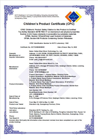 CPC certificate from Dalian West Shore Wood Co., Ltd.