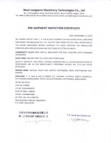 PRE-SHIPMENT INSPECTION CERTIFICATE certificate from Wuxi Longterm Machinery Technologies Co., Ltd.