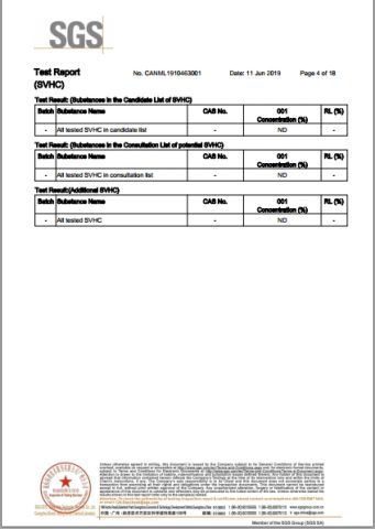 REACH TEST REPORT certificate from JOSO CORPORATION