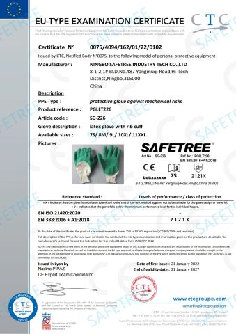 Certificate of latex coated Gloves certificate from Zhejiang Safetree Industry Tech Co., Ltd.