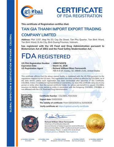 FDA certificate from Công ty TNHH Thương Mại Xuất Nhập Khẩu Tân Gia Thành