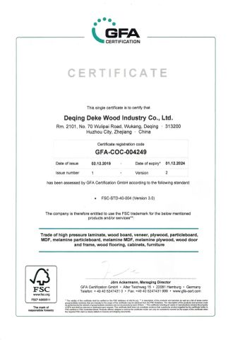 FSC certificate from Deqing Deke Wood Industry Co., Ltd.
