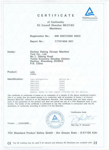 CW61125L CW61140L CW61160L CW61180L CW61190L CE CERTIFICATE-MACHINERY DIRECTIVE certificate from DEZHOU PRECION MACHINE TOOL CO., LTD.