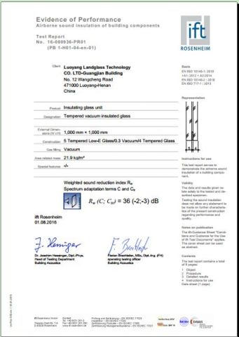 LandVac vacuum insulated glass IFT Test Report certificate from Luoyang LandGlass Technology Co., Ltd.