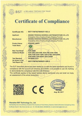 CE FOR SODIUM LAMP certificate of Ningbo Fenghua Noerka Lighting & Fixture Co., Ltd. – certificate photo, supplier certificates section