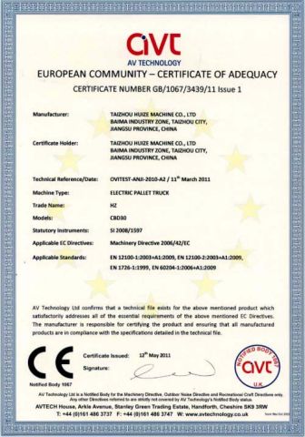 EUROPEAN COMMUNITY -CERTIFICATE of ADEQUACY certificate from Jiangsu Huize Intelligent Technology Co., Ltd.