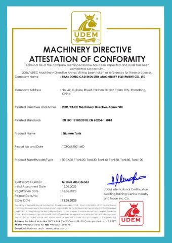 CE Bitumen Tank certificate from Shandong Cad Industry Machinery Equipment Co., Ltd.