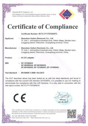 9V1A LVD certificate from Shenzhen Gofern Electronic Co., Ltd.