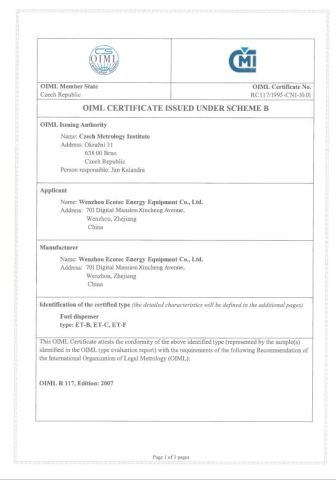 OIML certificate from Wenzhou Ecotec Energy Equipment Co., Ltd.