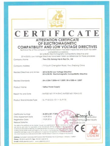 CE Certificate of tattoo power supply certificate from Hangzhou Solong Technology Co., Ltd.