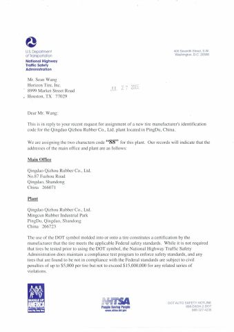 DOT certificate from Qingdao Qizhou Rubber Co., Ltd.