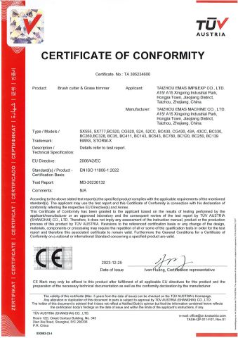 CE certificate from Taizhou Emas Machine Co., Ltd.