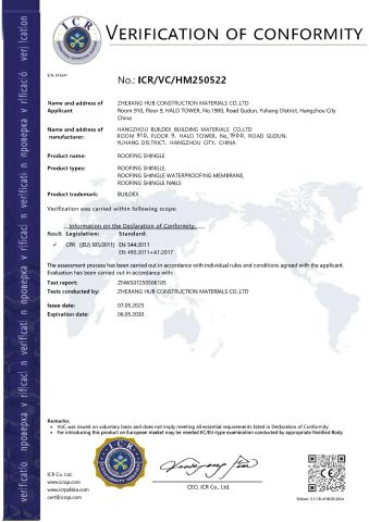 CE-Roofing Shingles certificate from Zhejiang Hub Construction Materials Co. Ltd
