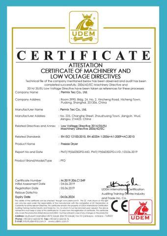 CE for Freeze Dryers certificate from PerMix Tec Co., Ltd.