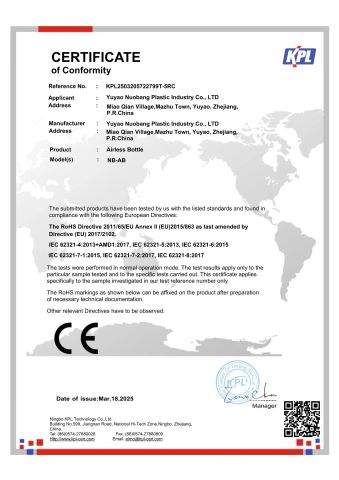 CE certificate of YUYAO NUOBANG PLASTIC INDUSTRY CO., LTD. – certificate photo, supplier certificates section