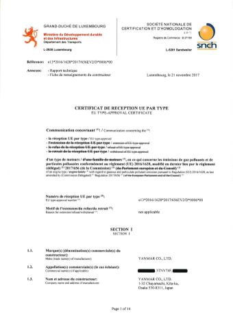 Yanmar EuroV exhaust emission standard certification certificate of Shandong Mountain Raise Heavy Industry Machinery Co., Ltd. – certificate photo, supplier certificates section