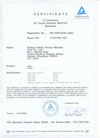 CW61140D CW62140D CW61160D CW62160D CE CERTIFICATE-MACHINERY DIRECTIVE certificate from DEZHOU PRECION MACHINE TOOL CO., LTD.