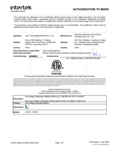 ETL for Integrated Aluminum Lights certificate of Lutou Technology (Shenzhen) Co., Ltd. – certificate photo, supplier certificates section