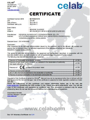 ce certificate from Sky & Sea Optical MFY Co., Ltd.