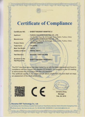 CE certificate of retro ceramic wall switch certificate from Fuzhou Colshine Electric Co., Ltd.