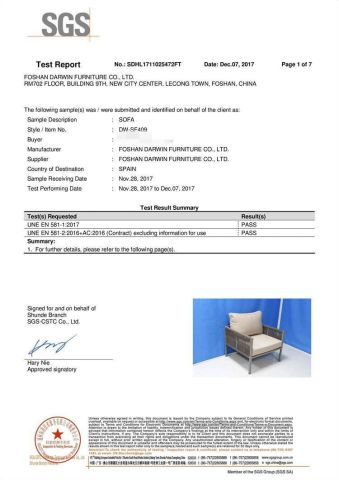 SGS Test Report certificate from Foshan Darwin Furniture Co., Ltd.