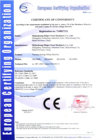 CE Certificate certificate from Shijiazhuang Helper Food Machinery Co., Ltd.