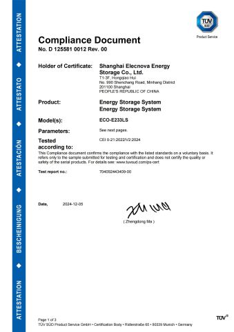 CEI0-21:2022/V2:2024 certificate from SHANGHAI ELECNOVA ENERGY STORAGE TECHNOLOGY CO., LTD.