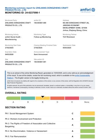 BSCI certificate from Zhejiang Dongzheng Craft Products Co, Ltd
