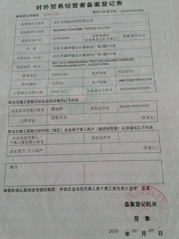 License Photo certificate from Wujiang Yeahome Textile Co., Ltd.