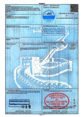Certificate of Origin certificate from Shenzhen Beiyang Machinery Import and Export Co., Ltd.