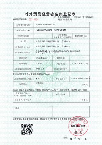 License Photo certificate from Huaian Xinhuixiang New Material Co., Ltd.