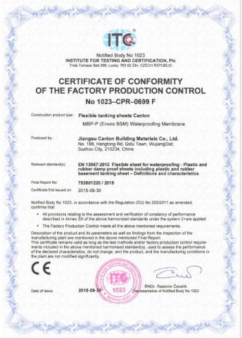 CE certificate from Jiangsu Canlon Building Materials Co., Ltd.