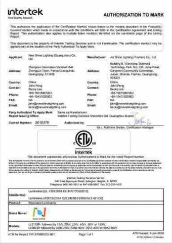 ETL for Recessed Luminaires 2 certificate of New Shine Lighting (Guangzhou) Co., Ltd – certificate photo, supplier certificates section