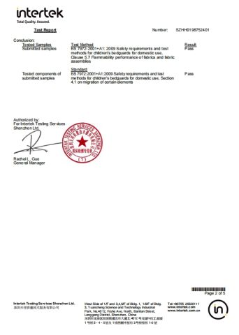Chemical combustion test report of Bed rail certificate from Anhui Talent Baby Products Co., Ltd.