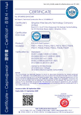 CE--EAS ANTI THEFT SYSTEM certificate from QINGDAO WISE SECURITY TECHNOLOGY CO., LTD.