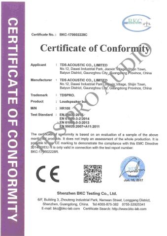CE CERTIFICATE certificate from TDS ACOUSTIC CO., LIMITED
