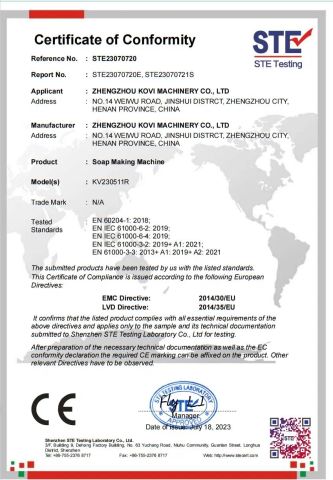 CE certificate from Zhengzhou Kovi Machinery Co., Ltd