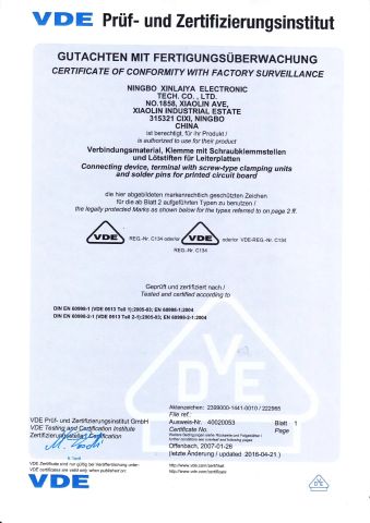 VDE certificate from NINGBO XINLAIYA ELECTRONIC TECH. CO., LTD.