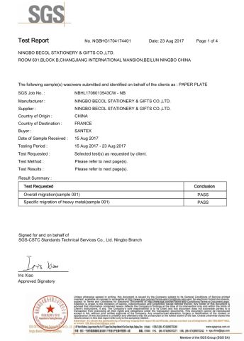 Paper Plate certificate of Ningbo Becol Stationery & Gifts Co., Ltd. – certificate photo, supplier certificates section