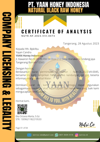 COA certificate from PT. YAAN HONEY INDONESIA